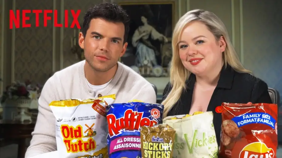 Video for the series Bridgerton — Luke Newton and Nicola Coughlan Taste Test Canadian Chips | Bridgerton | Netflix