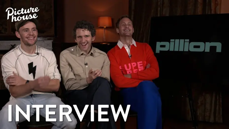 Watch film Pillion | Interview with Alexander Skarsg&aring;rd, Harry Melling & Harry Lighton
